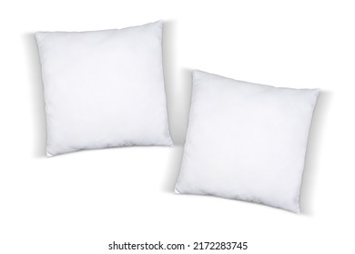 Two square white throw pillows taking it easy against a white background
