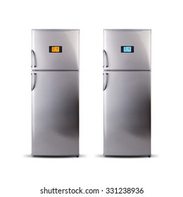 Two Stainless Steel Modern Refrigerators Isolated On White. The External LED Display, With Blue And Orange Glow. Fridge Freezer