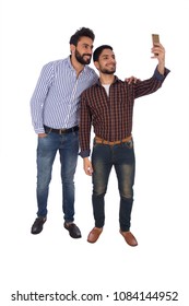 Two Standing Friends Taking A Selfie, One Of Them Puts His Hand On Shoulder Of His Friend, Isolated On A White Background.