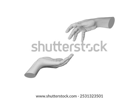 Two statue's hands reaching toward each other extending a helping hand isolated on a white background. Handover, support, aid, assistance. 3d creative trendy collage. Contemporary art. Modern design