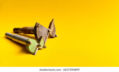 two steel hinge drill bits used to make precise holes in wood, with a yellow background
