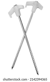 two steel pegs for a tent, with a plastic hook for a rope, on a white background, isolate