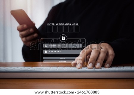 Two steps authentication or 2FA concept. Empty verification code input box with sign in page appear when man use mobile phone for validate password, Identity verification, cyber security technology.