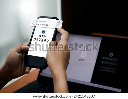Two steps authentication concept. OTP code showing on phone screen for log in on web on laptop, validate password, Identity verification, cybersecurity with security code authentication technology.