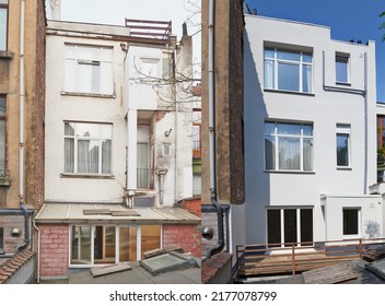 Two steps of Backyard building facade repair and insulation before and after