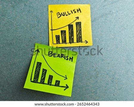 Two sticky notes, one yellow and one green, display hand-drawn graphs illustrating bullish and bearish market trends, set against a textured blue background.