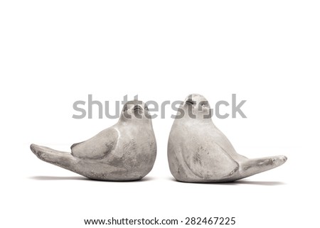 Two stone of doves(bird, Tree Sparrow) made in for interior and decoration  concrete isolated white background