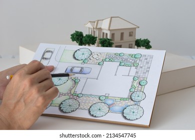 the two storey single house 3D house mass model and layout plan of home landscape design or garden design or landscape architecture color drawing by hand, selective focus