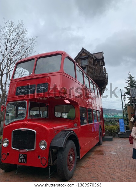 two stories bus in sapporo city japan   photo in\
april 2019