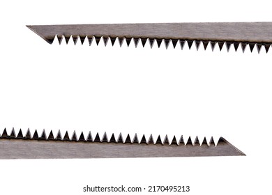 Two Straight Saw Blades Steel Above And One Below The Surface Pointing In Different Directions With Long Zigzag Teeth And Sharp Pointed Thin Shapes Concept Danger With Copy Space On White Background