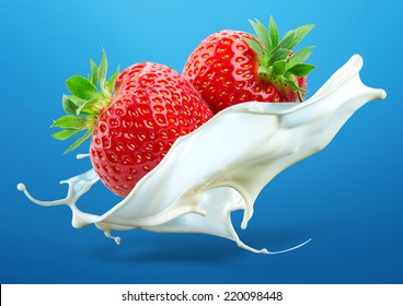 Two strawberries falling into milk splash isolated on blue background - Powered by Shutterstock