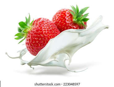 Two strawberries falling into milk. Splash isolated on white background - Powered by Shutterstock