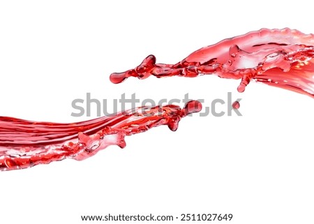 Two streams of red cherry juice flowing as stripes try to join with bright splashes, drops flying isolated on white background. Summer drink with splashing for advertising, design, flyer, poster.