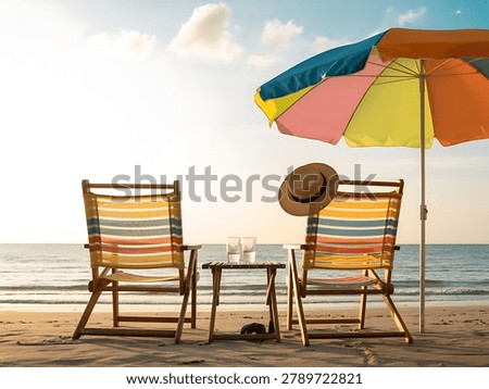 Two striped deck chairs are set up on a sandy beach beside a colorful umbrella with a small wooden table between them holding glasses and a straw hat resting on one chair overlooking the gentle waves of the ocean under a bright sky