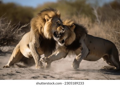Two strong male lions fighting