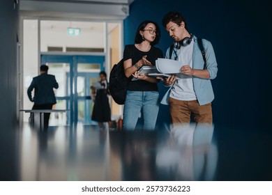 Two students engage in conversation while reviewing documents in a school hallway. The informal setting captures a moment of learning and collaboration between classes.