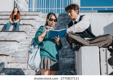 Two students study together on outdoor campus steps, consulting a blue notebook. Young people review notes and discuss coursework while sitting on marble stairs in sunlight.