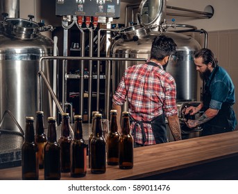 Two stylish bearded men brewing beer in the craft microbrewery.