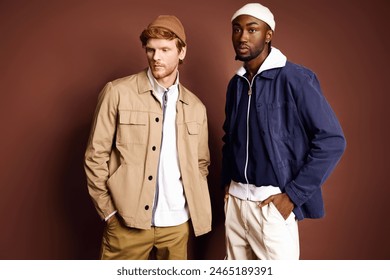Two stylish multicultural men standing in front of a brown wall.