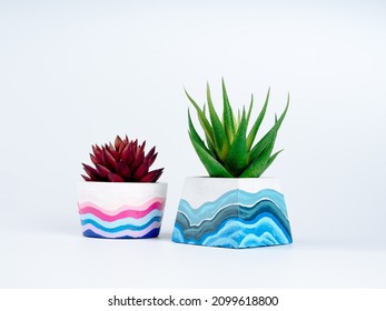 Two succulent plants, green and red in DIY painted concrete planters isolated on white background. The cement plant pots, round and pyramid shapes painted with colorful wave patterns.