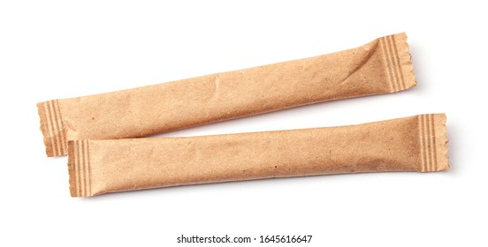 Two Sugar Stick. Sugar in paper kraft packaging. Mock up for design isolated on white background