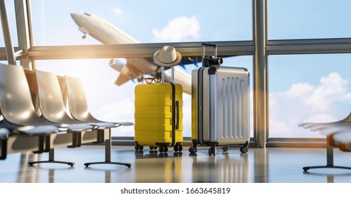 Two suitcases in the airport departure lounge, airplane in the blurred background, summer vacation concept, traveler suitcases in airport terminal waiting area