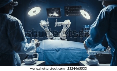 Two Surgeons Wearing Augmented Reality Headsets, Using High-Precision Remote Controlled Robot Arms To Operate On Patient In Futuristic Hospital. Doctors Working With Robotic Limbs, Observing Vitals