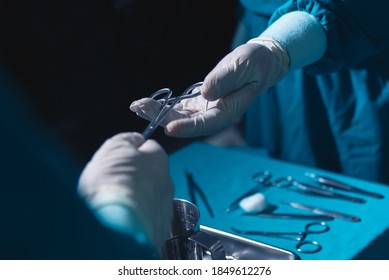 Two surgeons working in operating room, one hand over surgical equipment to another. Surgeons hands holding surgical scissors and passing surgical equipment, close-up.