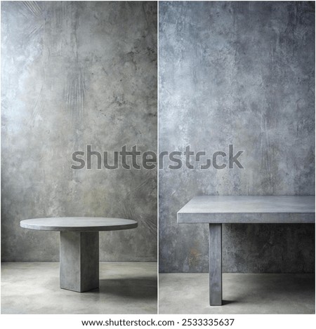 Two tables are shown side by side, one of which is a round table and the other is a square table. The tables are made of concrete and are placed in a room with a gray wall. The room has a modern