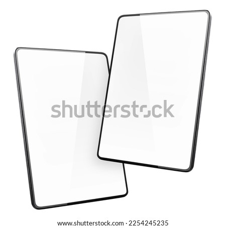 Two tablet computers with blank screens, isolated on white background