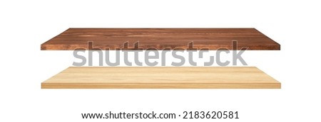 Two tabletops light and dark brown. Pine and oak boards, shelves isolated on white 