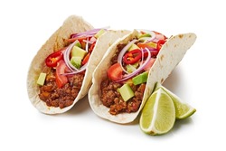 Two Tacos With Ground Beef And Lime On White Background