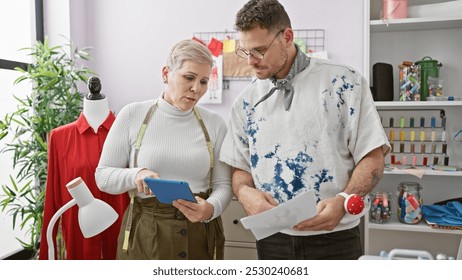 Two tailors, a woman and a man, collaborating in a modern atelier, surrounded by sewing equipment and garments. - Powered by Shutterstock