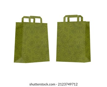 Two Takeaway Bags In Shades Of Green With Space For The Logo. Ecological Biodegradable Packaging Isolated On A White Background. Best For Cosmetic Or Food Layout. 