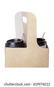 Two take-out coffees with  with brown caps in paper cup holder. Isolated on a white. Two paper coffee cups. Vertical. Two cups with brown safety cardboard collars.  Take away box for two cups