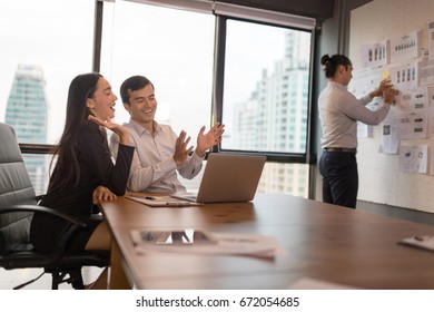 Two Talkative Workmate Do Not Pay Attention To Year Plan Project Present Meeting.