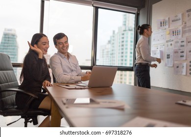 Two Talkative Workmate Do Not Pay Attention To Year Plan Project Present Meeting.