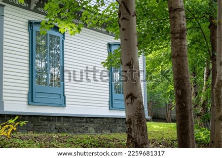 Two tall blue Second Empire style windows in a white wooden house with ornate trim, wooden applique brackets, and dentils on the exterior of the vintage house. There's a lush garden in the foreground.