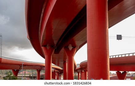 Two Tall Red Road Viaducts Joining