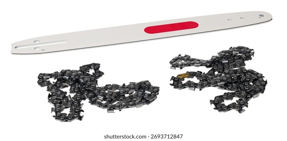 Two tangled chainsaw chains and guide bar of alloy steel isolated on panoramic white background. Set of replaceable spare parts for modern petrol sawing machine to cutting wood. Woodworking equipment.