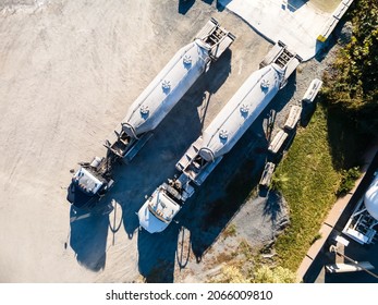 Two Tank Truck For The Transport Of Bulk Cement. View From Above.