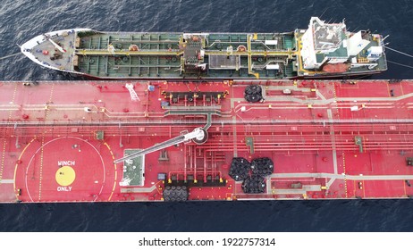 Two tanker ship top view photo during bunker operation
