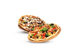 Two Tasty Hot Pizza Set Fall From Sky, Front View In White Background