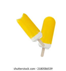 Two Tasty Yellow Ice Cream, Whole And Bitten Popsicle With Fruit Sorbet Flying Isolated On White Background. Lemon Or Pineapple Or Mango Fruits Cold Frozen Summer Dessert.