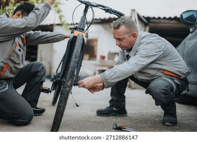 Two technicians in gray uniforms work together to fix a bicycle on the ground, using a wrench and pump while focusing on the wheel and frame in an outdoor setting.
