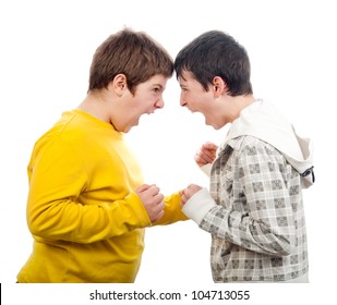 Two teenage boys screaming at each other isolated on white.