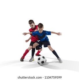 Two Teenage Fotball Players Struggling For The Ball Isolated On White