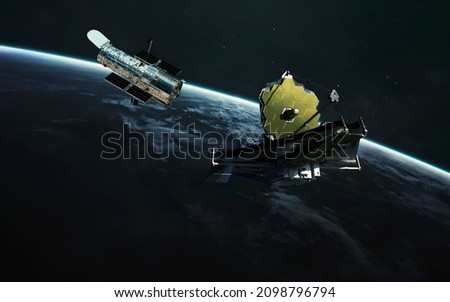 Two telescopes James Webb and Hubble. JWST launch art. Elements of image provided by Nasa