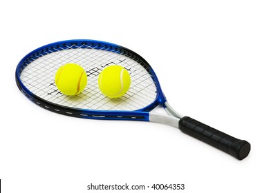 Two Tennis Balls And Racquet Isolated On White