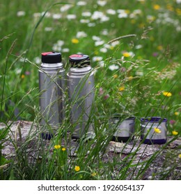 Two thermos for tea in nature on a background of green grass. A couple of tourists resting in nature with herbal tea.
